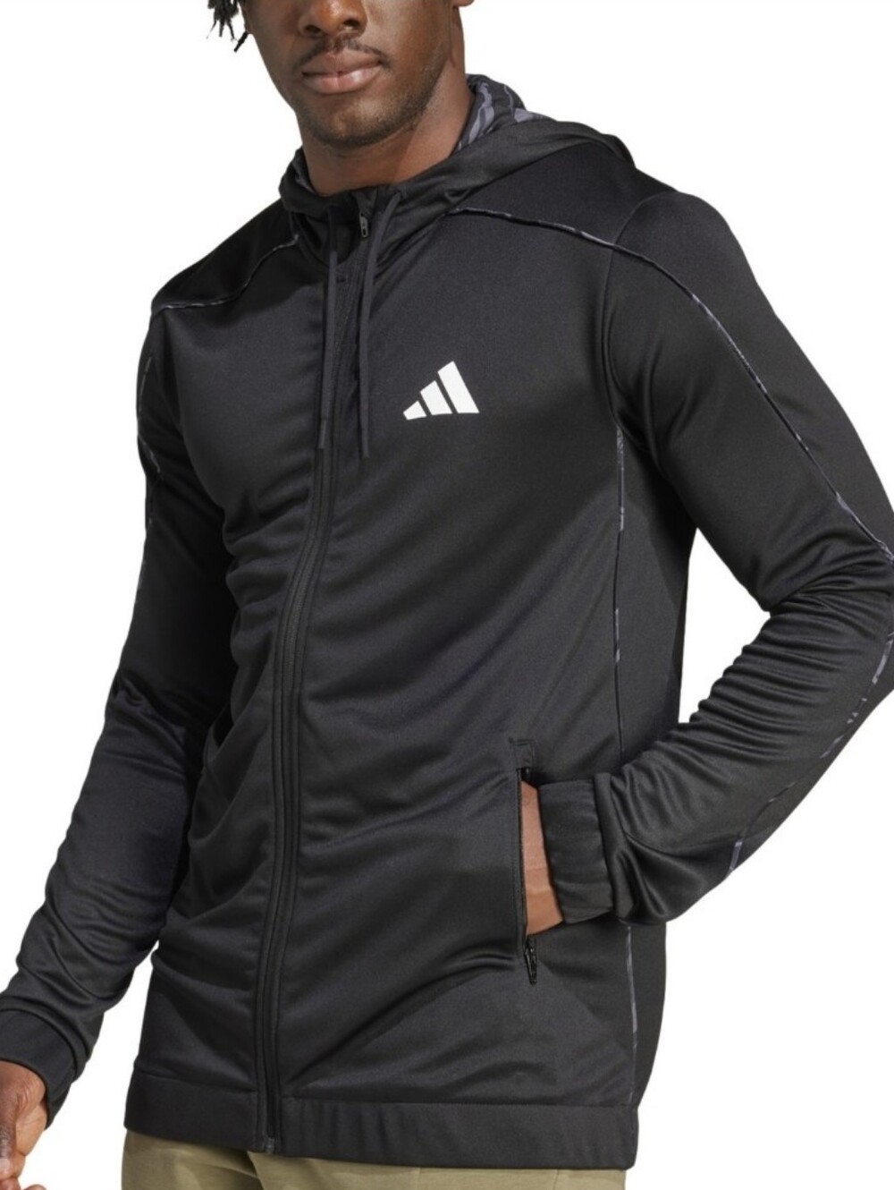 Adidas Men's Essentials Regular-Fit Camo Piped Full-Zip Hooded Track Jacket Blk